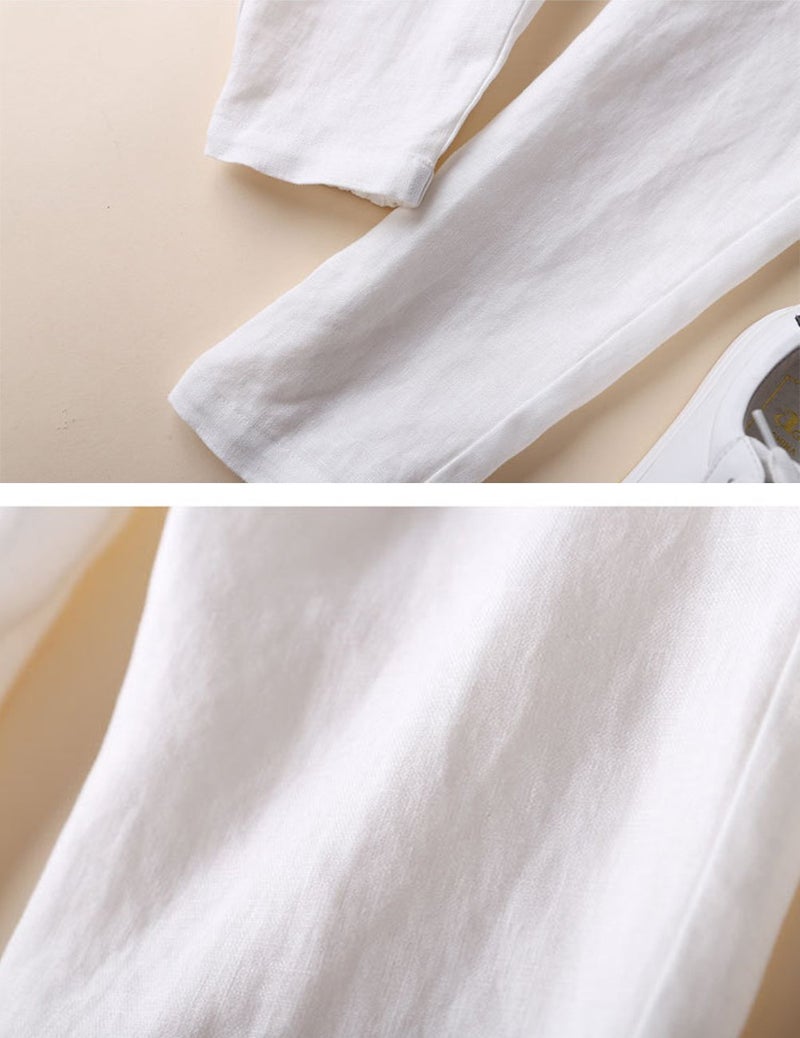 IXIMO Women's Tapered Pants 100% Linen Drawstring Back Elastic Waist Pants Trousers with Pockets White L - Image 4